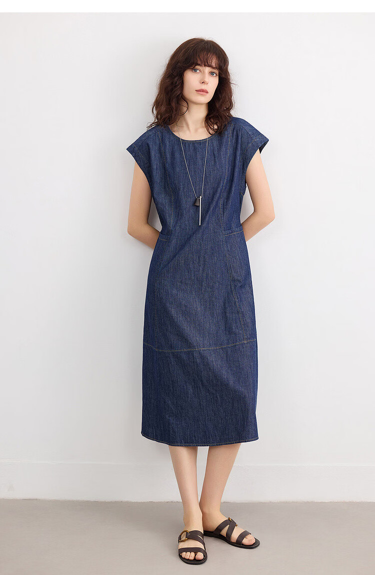 Demana Oxygen Pure Cotton Summer Vintage Washed Sleeveless Tailored Slim Fit Denim Mid-Length Dress for Women 17