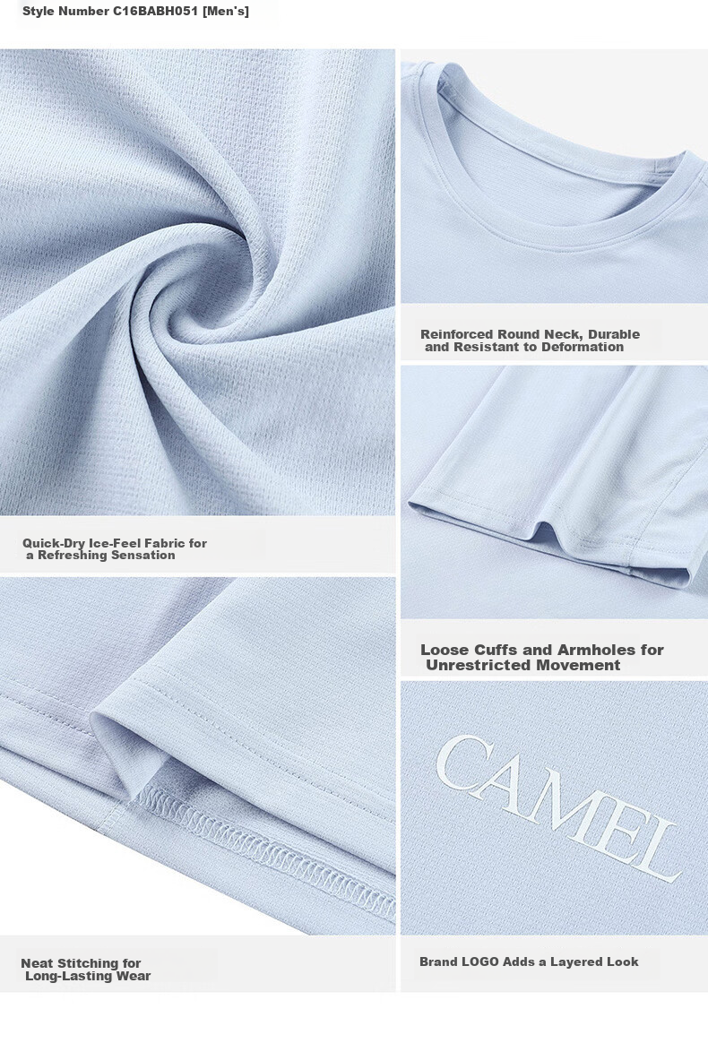 CAMEL Quick-Dry Women's Ice-Feel Sun Protection Crew Neck Short Sleeve Sports T-Shirt C26BARLG053 Morning Smoke Pink L 34