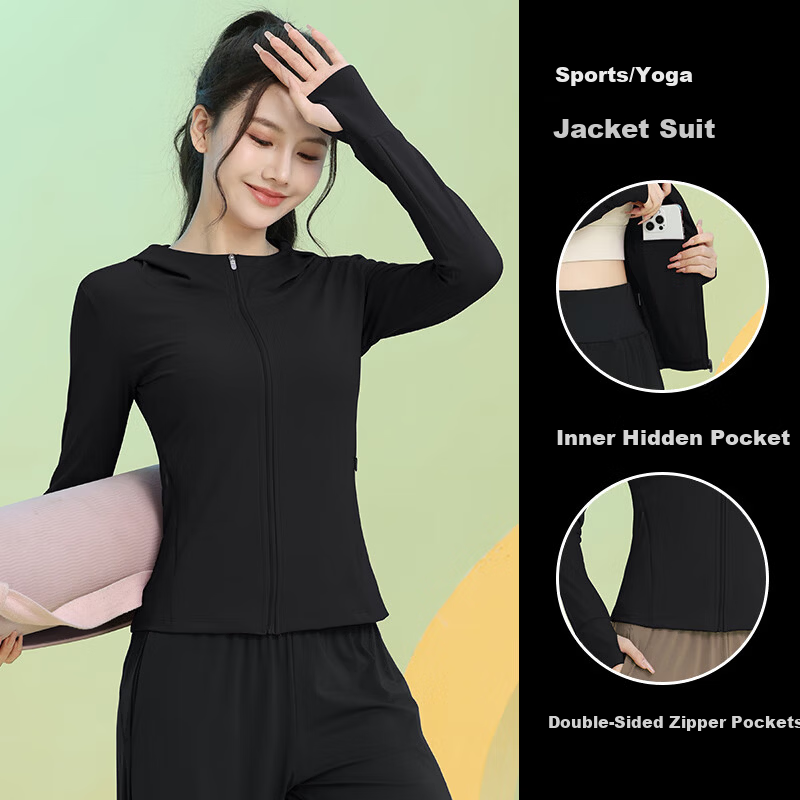 Baisirong Women's Fitness Wear Four-Season Outdoor Running Casual Sports Quick-Dry Slim Breathable Black Jacket