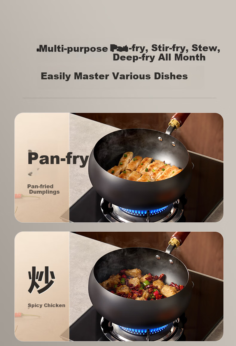Midea Large Capacity Non-Stick Iron Wok Stir-Fry Pan Pumpkin Pot Compatible with Induction and Gas Stoves Rust-Resistant 8