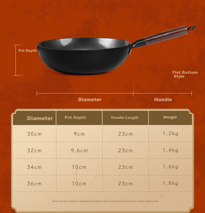 Mengchuang Iron Wok Non-Coated Household Cast Iron Stir Fry Pan Healthy Non-Stick Compatible with Induction Cooker and Gas Stove Pre-Seasoned 14
