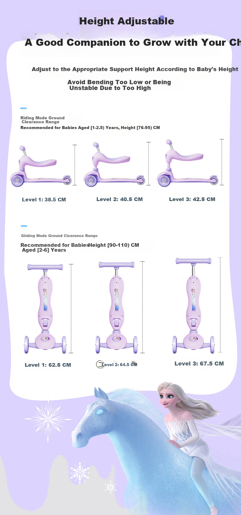 Disney Kids Scooter 1-3 Years Toddler Ride-On Walker 2-in-1 Flashing Wheels Elsa Princess Girl 4