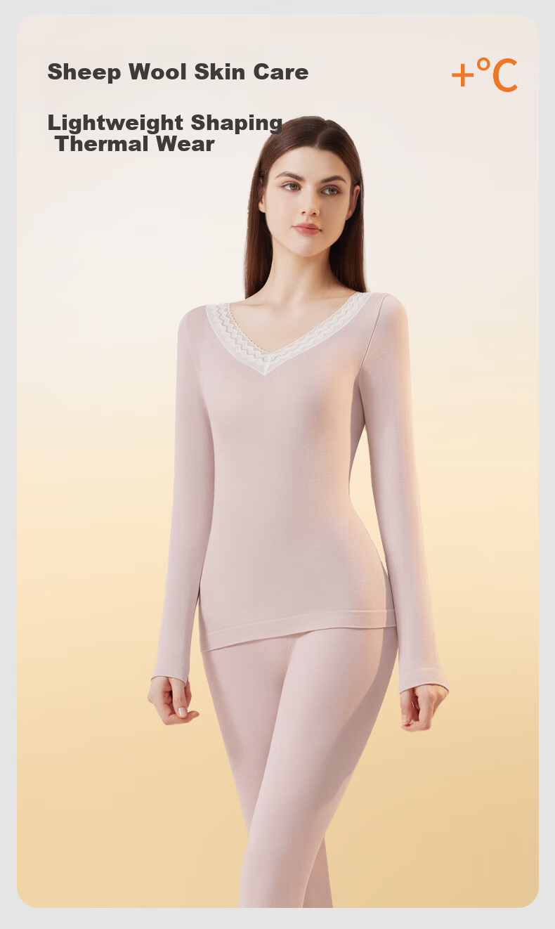 GUJIN Women's Thermal Underwear Set Thin Autumn Top and Bottom with Merino Wool Slim Fit Lace White 1