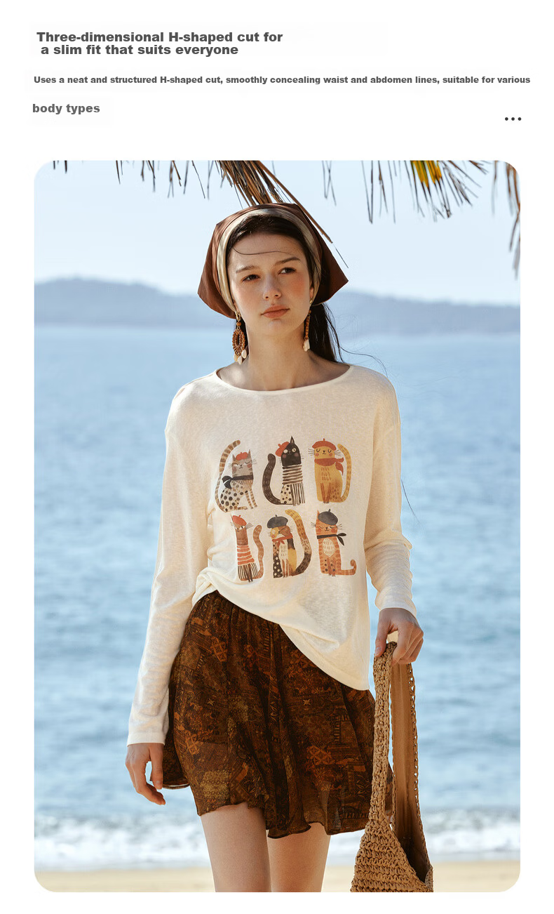 Olrain Tencel Casual Cat Print Long Sleeve T-Shirt Women Summer Large Round Neck Drop Shoulder Top Apricot L 10