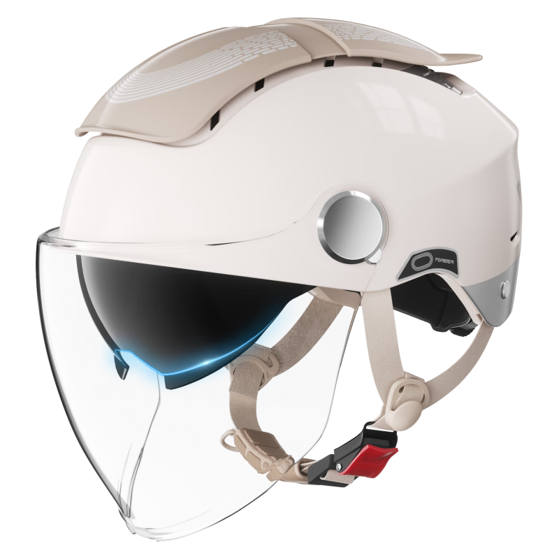 FOREVER Dual-Opening Sunroof Electric Motorcycle Helmet, 3C Certified, for Men And Women, Summer Sun Protection, Breathable Double Visor, Ventilated Half Helmet, Zero-Feel Sunroof, All-Season Safety Helmet, 966 Khaki Color, High-Definition Long Visor