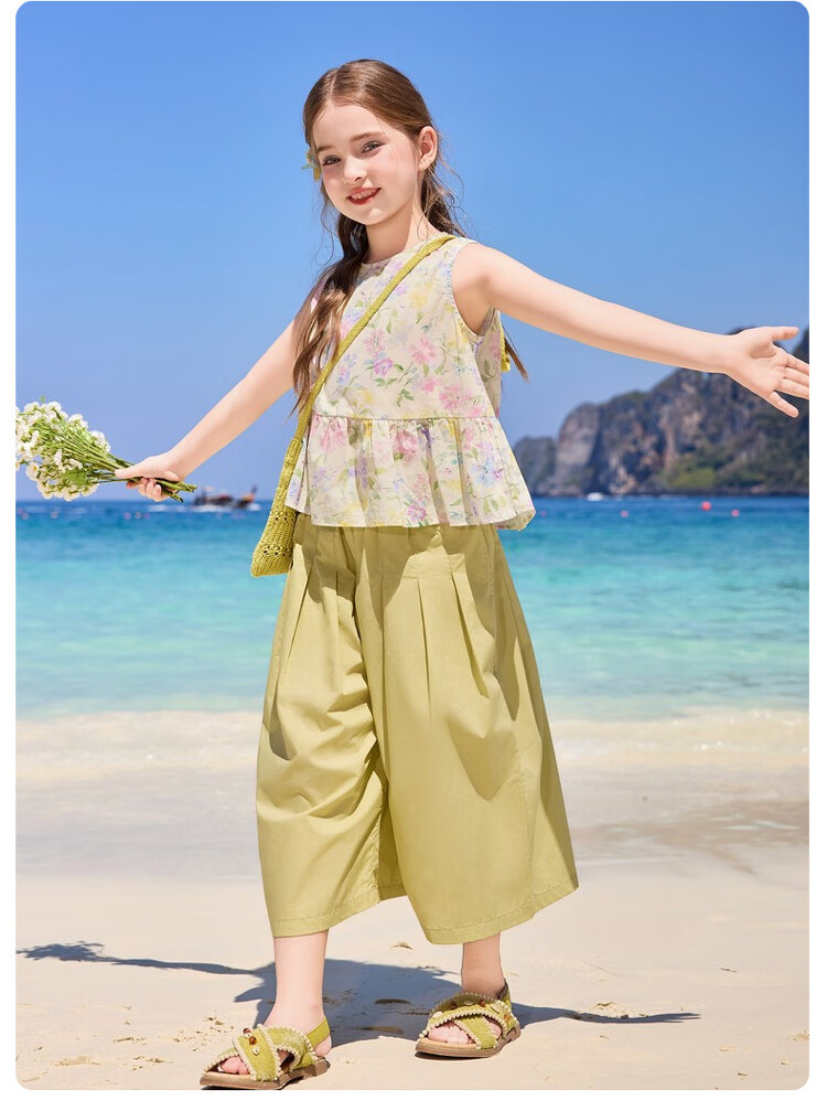 ASK JUNIOR 2026 Summer Kids Sleeveless Floral Top and Lantern Pants Set for Girls 11