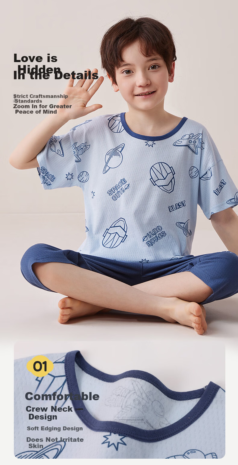 Miiow Kids Cotton Short Sleeve Pajama Set Boys Mesh Summer Homewear Planet Hero 150 6