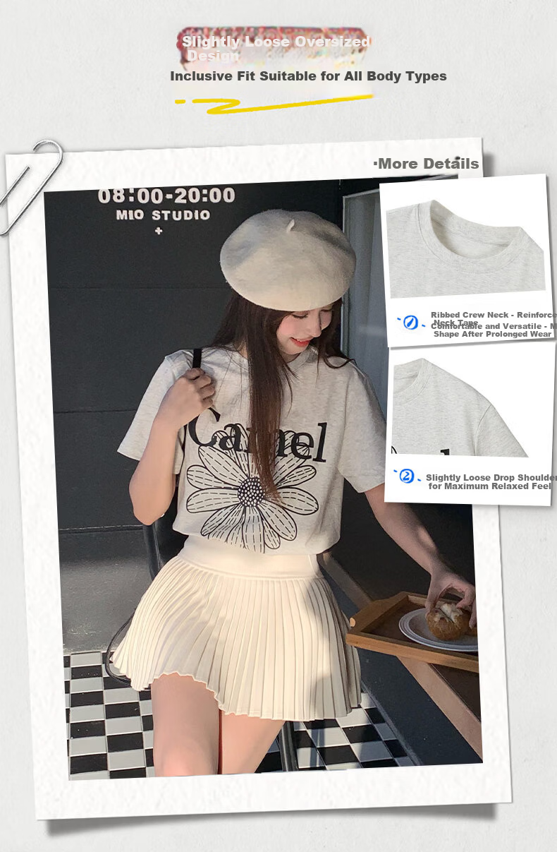CAMEL Ice Skin T-Shirt Little Daisy Short Sleeve Cotton Loose Casual Top C36BAXLN023A Warm White XL 6