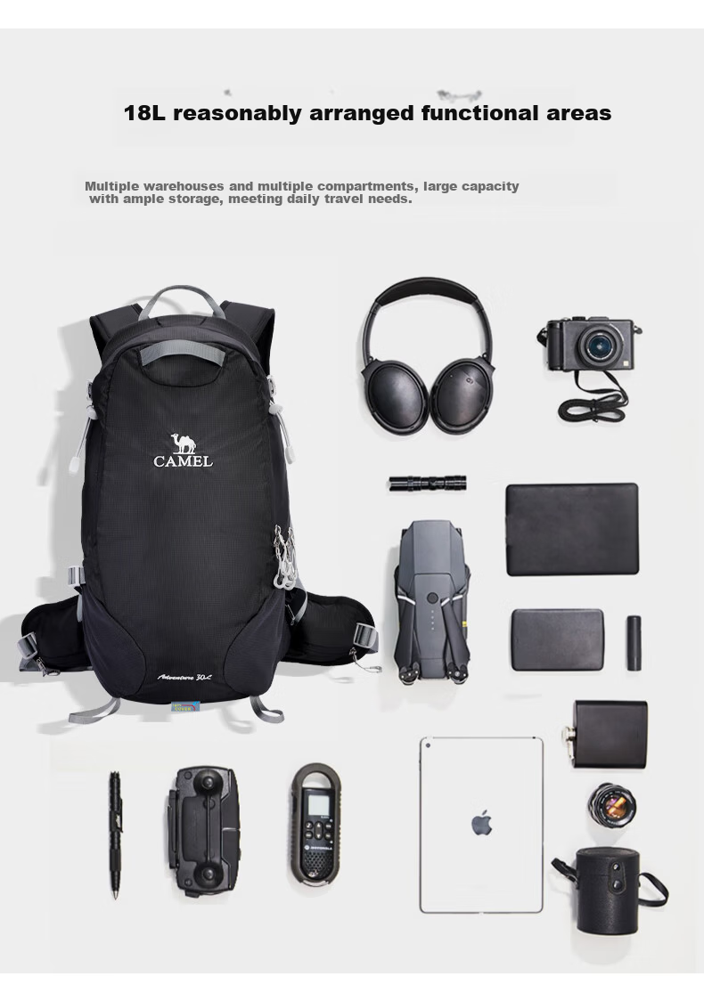 CAMEL Dawn Outdoor Lightweight Hiking Backpack Sports Camping Casual Travel Mountaineering Bag 1S32267148B Black 7