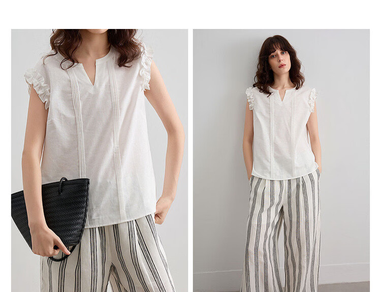 Demana [With Linen Cotton] Summer Elegant Commuter V-Neck Ruffled Loose Blouse for Women 5