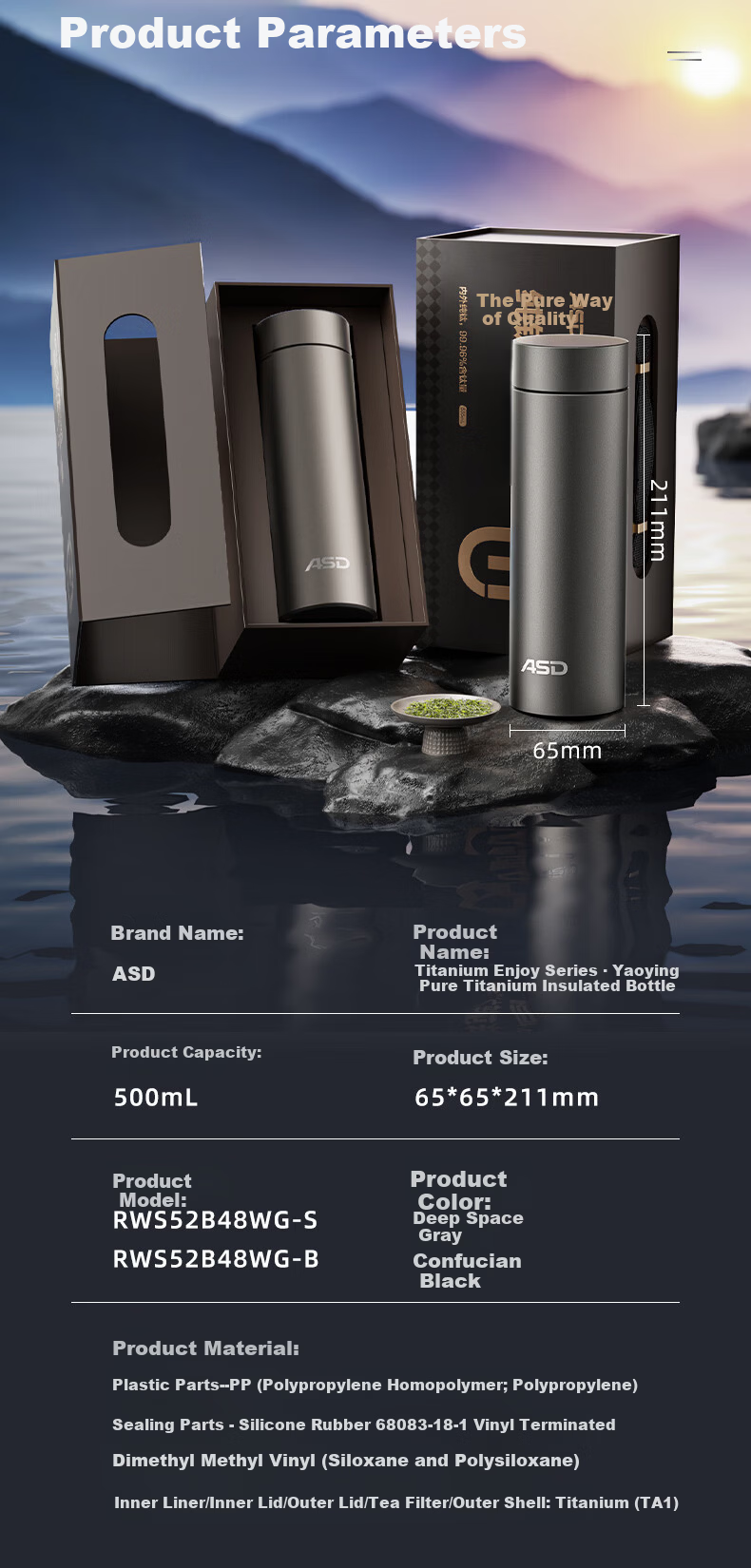 ASD Vacuum Insulated Pure Titanium Thermos Cup for Men and Women Business Portable Tea Water Bottle RWS52B48WG-S 15