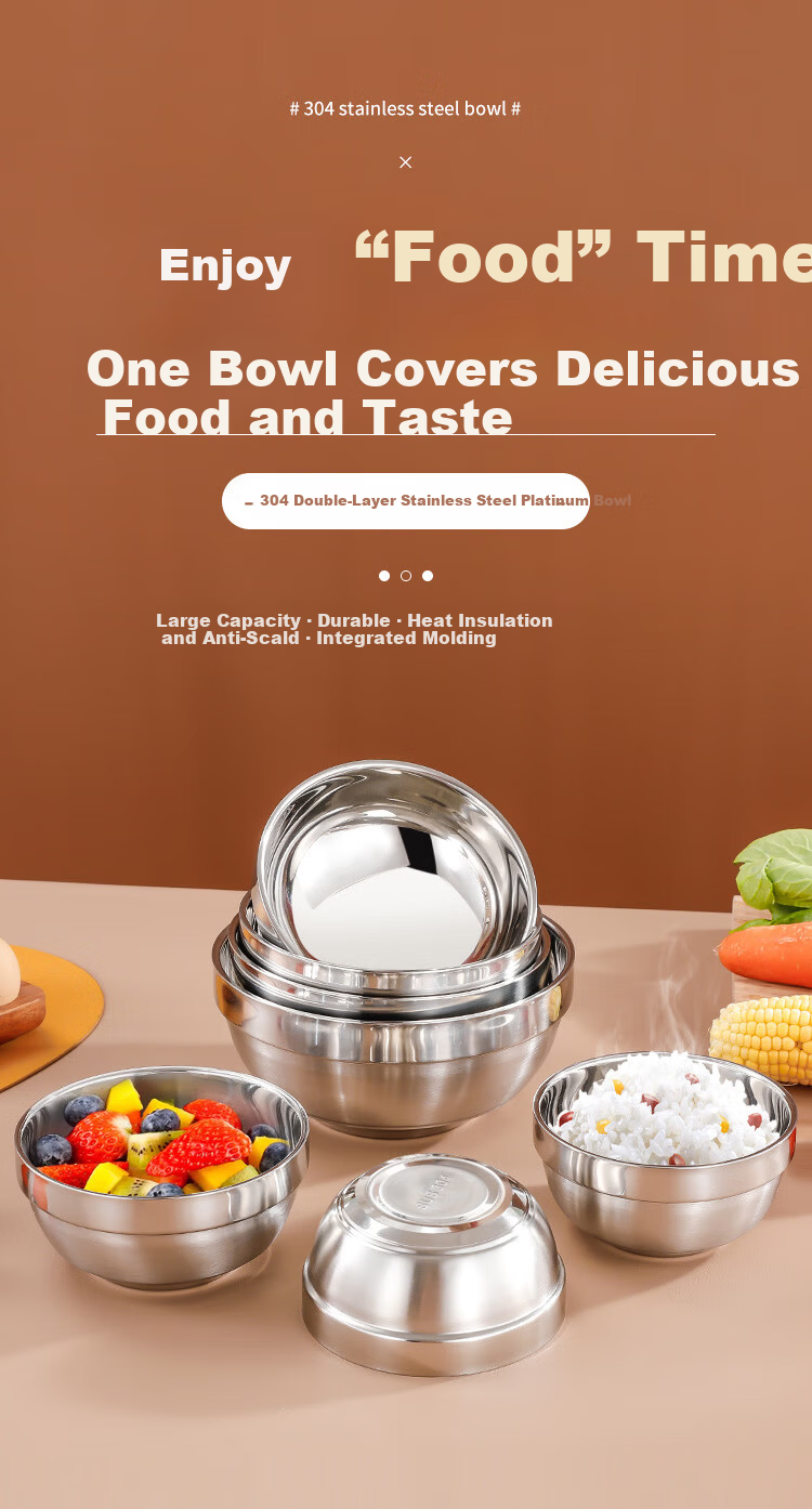 Chuwan Ya 304 Stainless Steel Double-Layer Insulated Platinum Bowl Thickened Lily Soup Bowl Household Rice Bowl 12cm 1