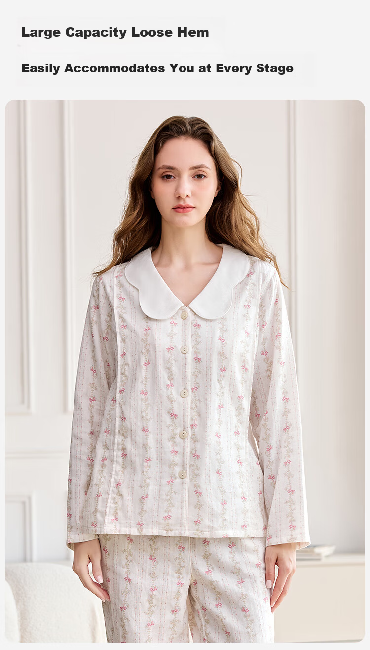 Ying's Maternity Postpartum Set Autumn New 10A Antibacterial Double-Layer Cotton Gauze Nursing Pajamas Homewear Pink M 13
