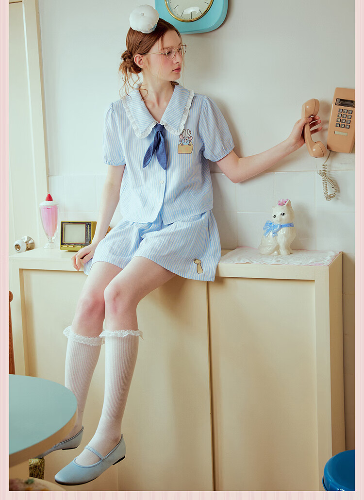 Gukoo Women's Summer Pajamas Ratatouille Doll Collar Nightdress Pure Cotton Jumpsuit Homewear Set Light Mist Blue S 2