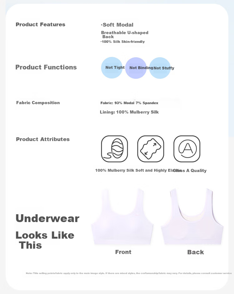 Jiusuiban Children's Underwear Girls 12-15 Years A-Class Developmental Youth Bra Mid-Large Child 100% Silk Skin-Friendly U-Shaped Vest 1