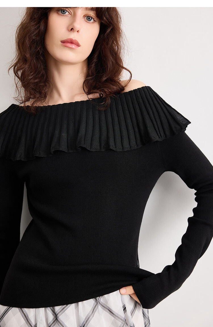 Demana Women's Elegant Spring Off-Shoulder Ruffle Slim Fit Knit Sweater with Mulberry Silk and Wool 19