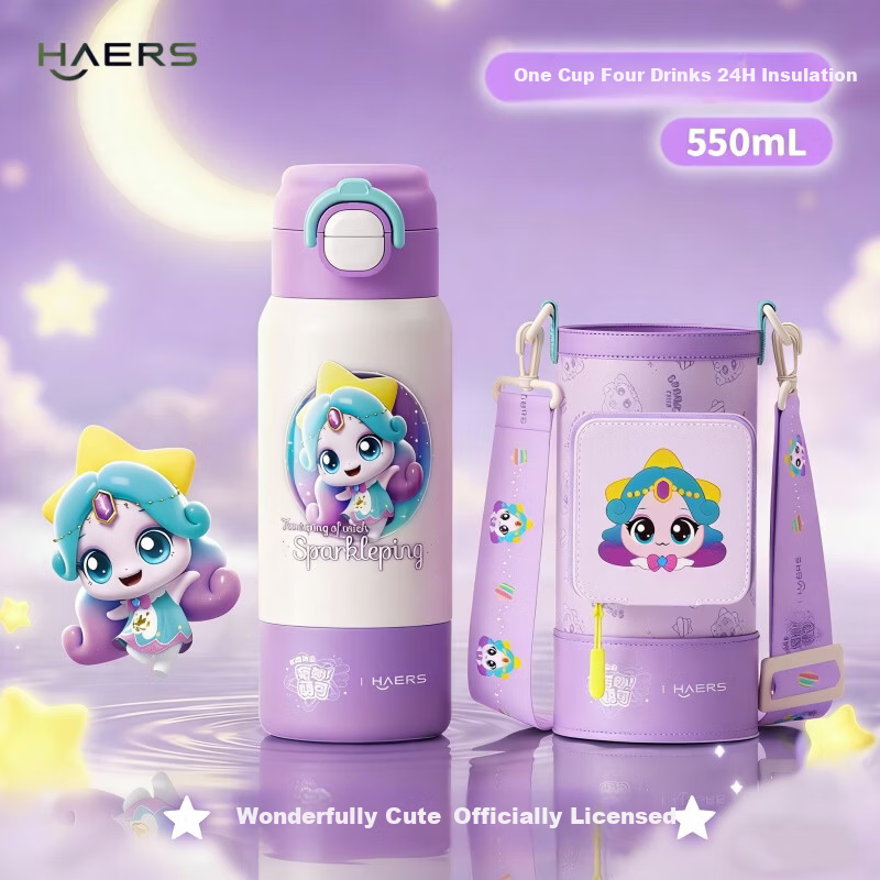 HAERS Cute Kids Insulated Straw Water Bottle for Girls Elementary School Portable Purple 550ml