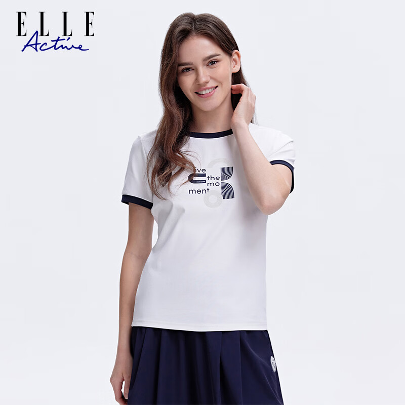 ELLE ACTIVE Versatile Letter Print Short Sleeve T-Shirt Women 2026 Summer Vibrant Colorblock Casual Sports Top White S