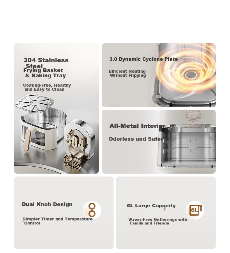 Midea 0-Coating Titanium Stainless Steel Air Fryer and Steamer Combo 2026 New Model Smart Dual Display Home Dual Heat Source Air Fryer 6.5L KZC6555J 4