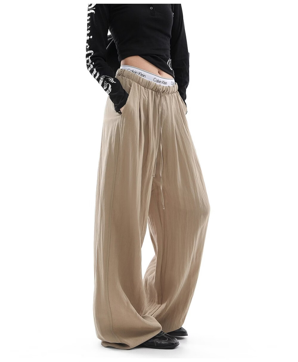 ICH MODE Women's Draped Linen Casual Pants New Loose Straight Wide-Leg Trousers Sports Pants Four Seasons Navy Blue S 27