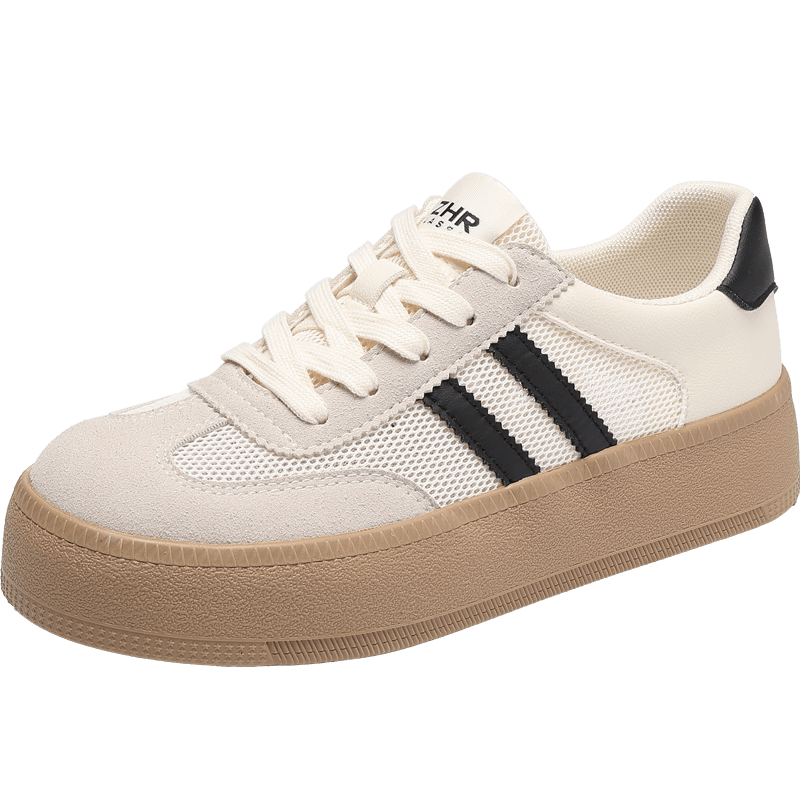 ZHR Women's Lightweight Breathable Mesh Training Shoes Thick Sole Height Increasing Casual Shoes KS75E Beige Black Size 38