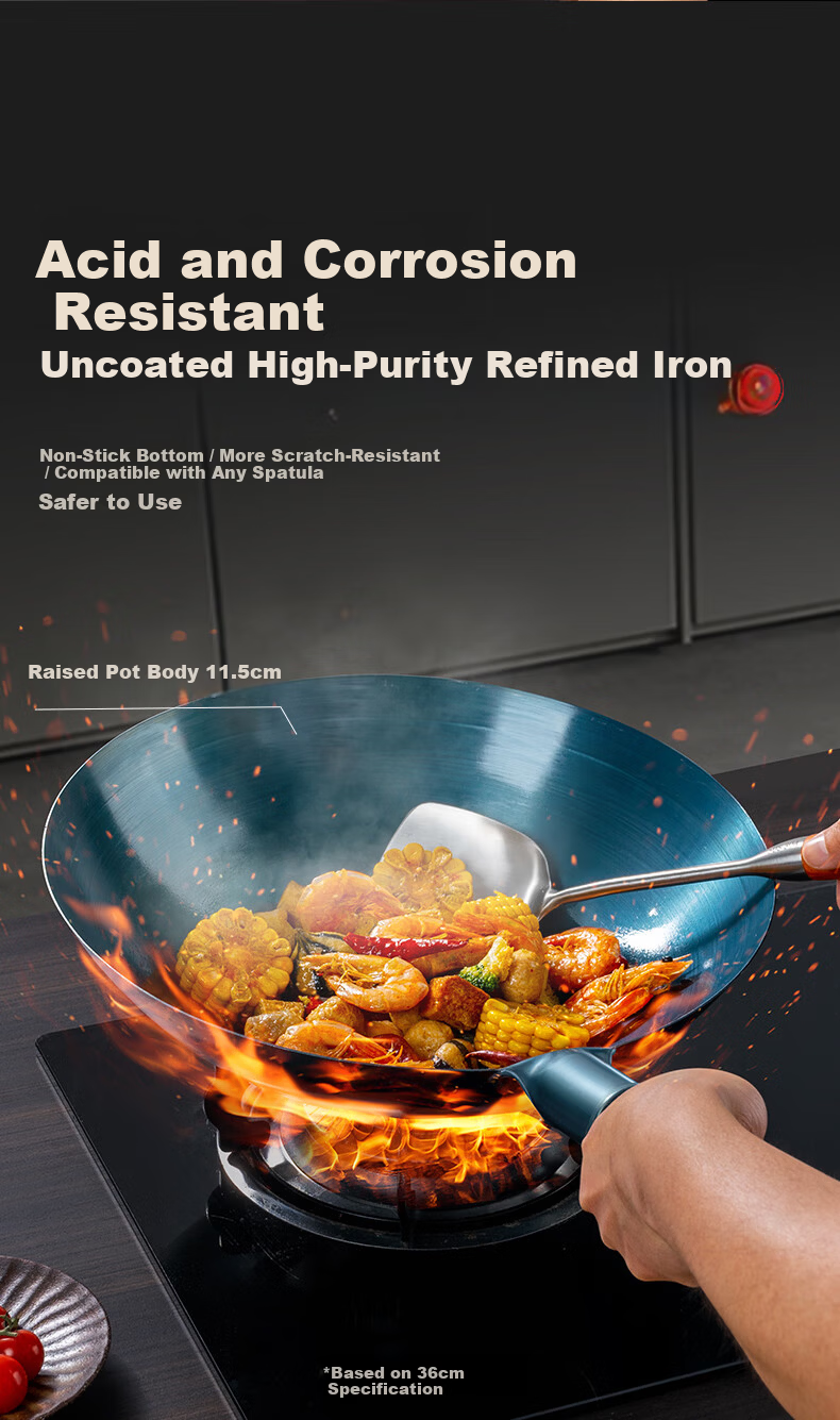 CHUI DA REN Zhangqiu Handmade Forged Iron Wok Round Bottom Traditional Stir-Fry Pan Non-Coated Non-Stick Gas Stove Compatible No Lid 32cm 11