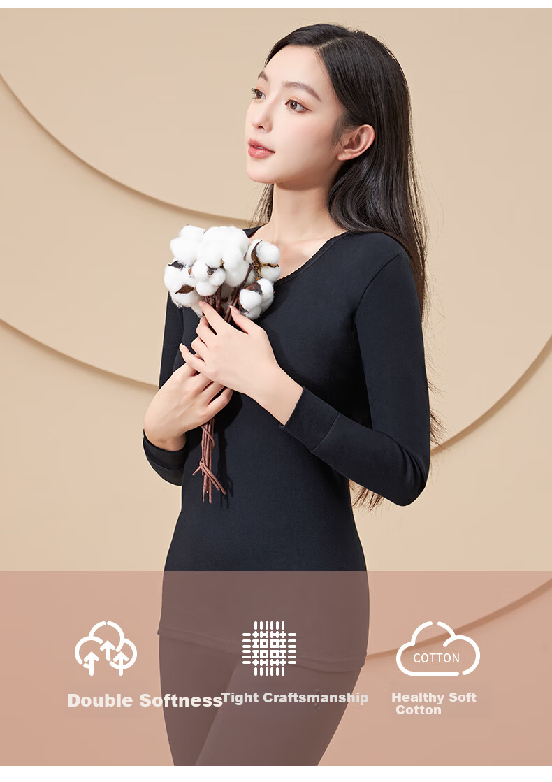 LangSha Women's Autumn Thermal Underwear Set 100% Cotton Soft Comfortable Antibacterial Mite-Resistant Heat Retaining Warm Base Layer Cotton Knitwear 4