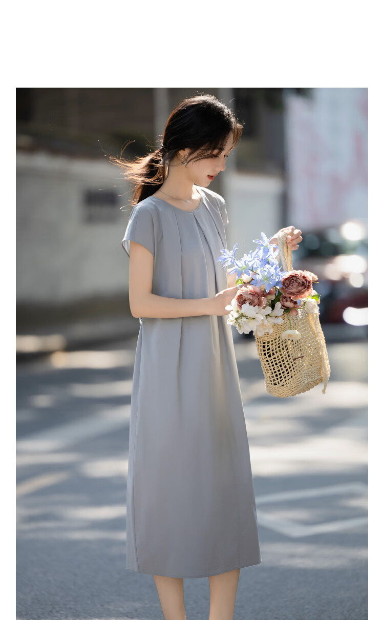 Demana [Black Technology] Summer Sorona Round Neck Cap Sleeve Belted Loose Slim Dress for Women High-End Feel 14