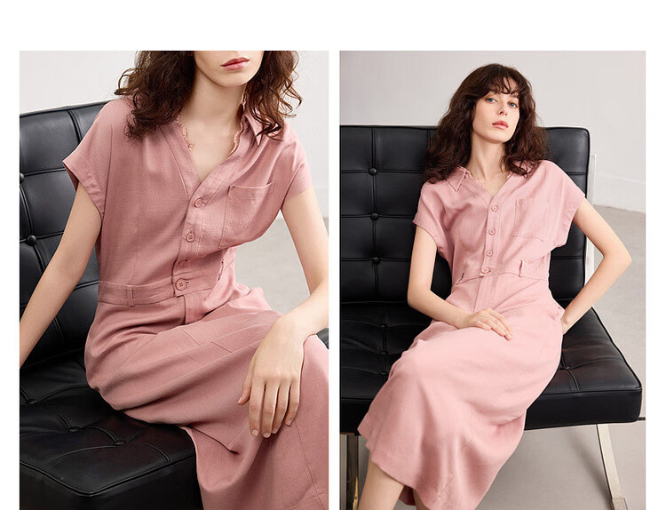 Demana Summer Elegant Lace Splice V-Neck Waist-Slimming Slit Mid-Length Dress with Natural Linen 5