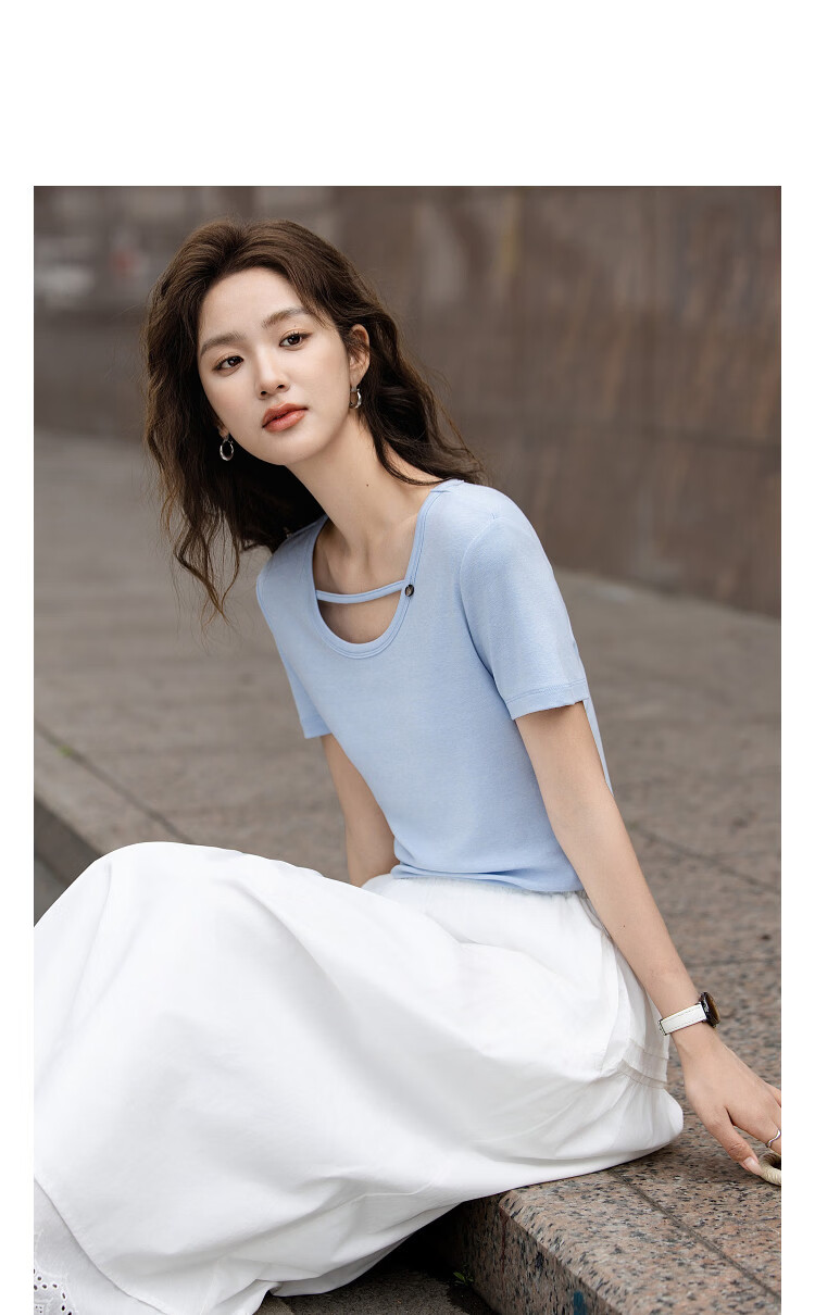 Demana [With Wool and Lyocell] Summer Minimalist High Elastic Slim Fit Round Neck Drawstring Decorative Slimming Women's T-Shirt 14