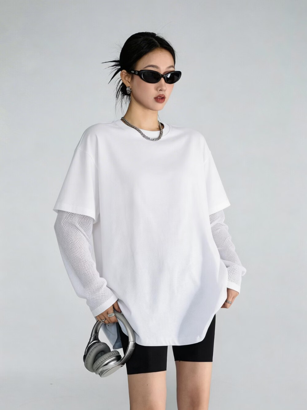 ICH MODE American Vintage Two-in-One Long Sleeve T-Shirt Women 2026 New Summer Casual Simple Top Navy Blue L 7
