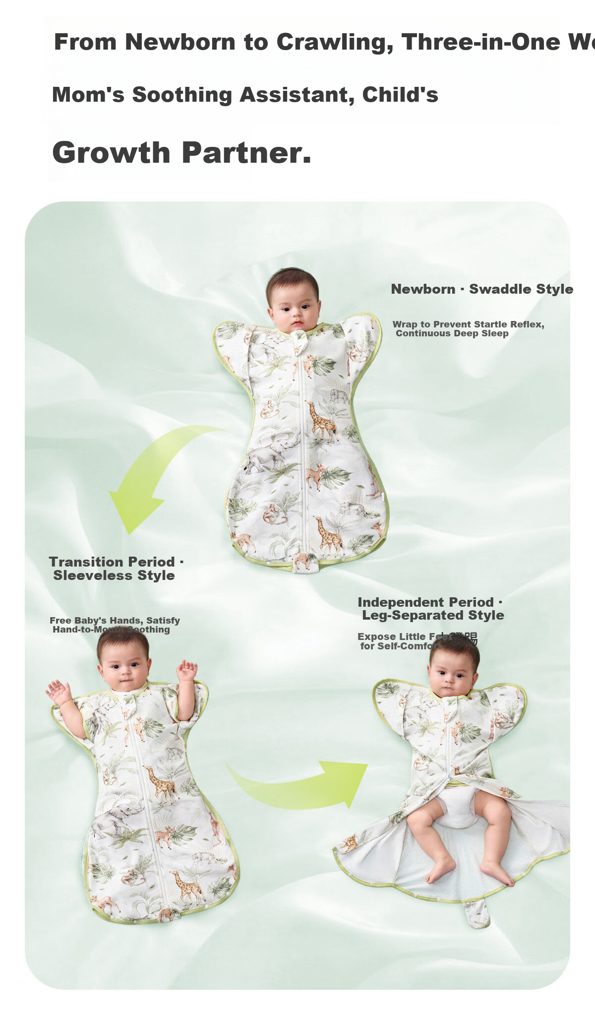 JOYNCLEON Newborn Baby Sleeping Bag Anti-Startle Swaddle Pure Cotton Kick-Proof Blanket Green L Jsd195963 13