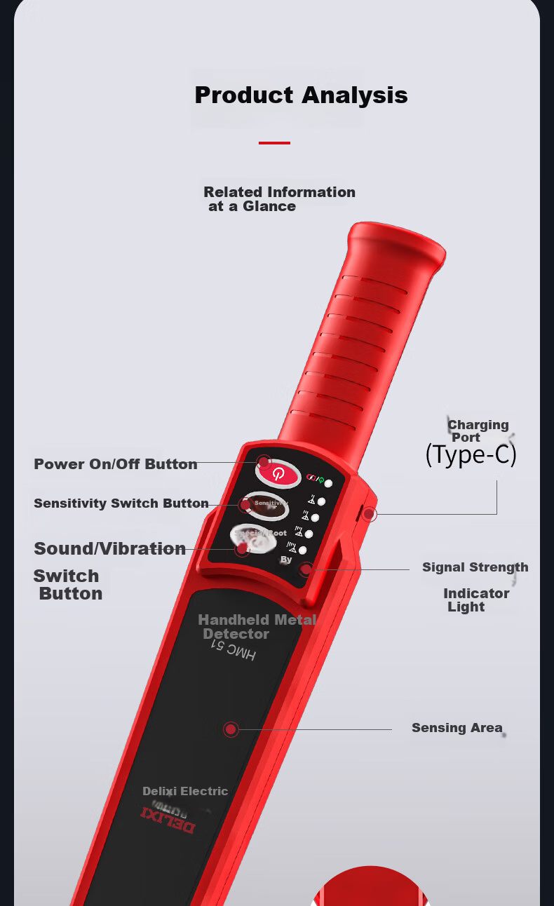 DELIXI ELECTRIC Handheld Metal Detector for Subway, Airport, Factory HMC51 Lithium Battery Model Metal Detector Security Scanner 18