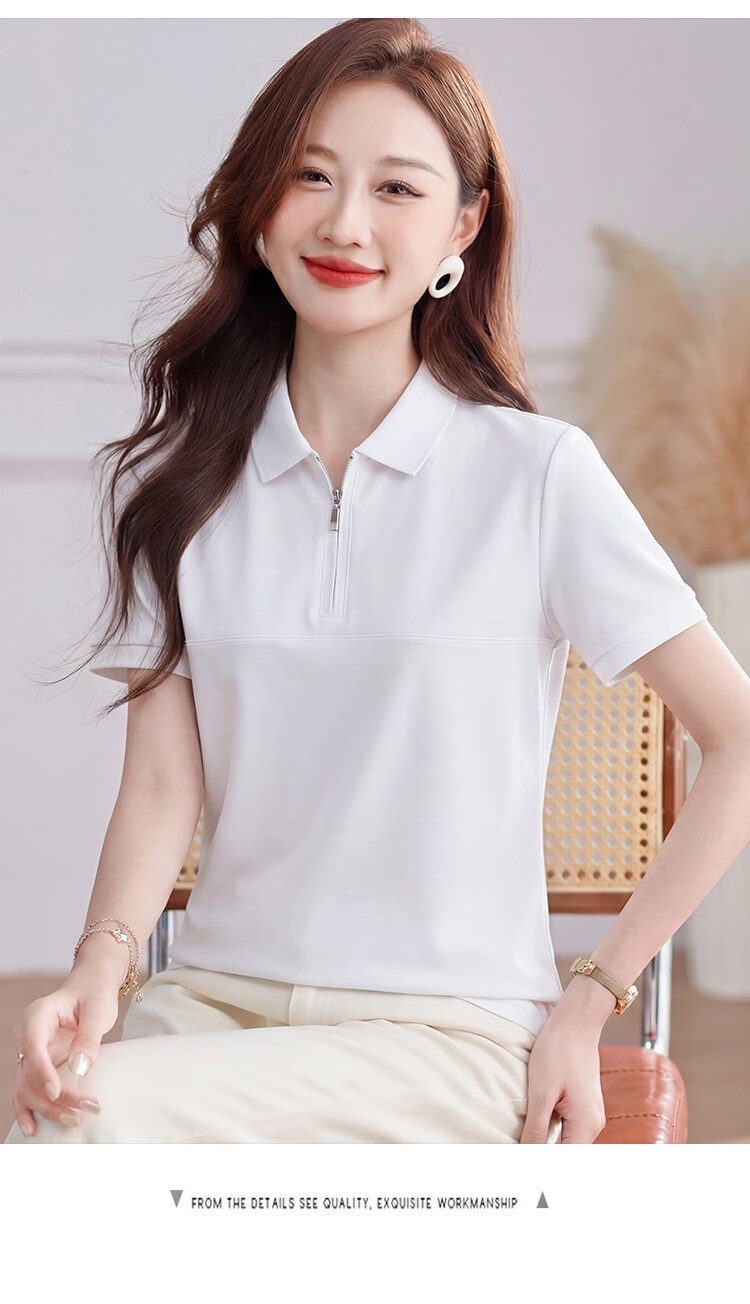 TUCANO Women's Short Sleeve Solid Color Antibacterial Half-Zip Polo Shirt Fashionable Versatile Top White XL 10