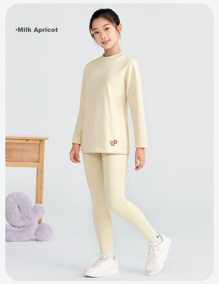 Jiusuibian Cotton Wool Children's Thermal Underwear Girls Autumn Winter Fleece Thickened High Waist Turtleneck Cotton Wool Shirt and Pants Set 15