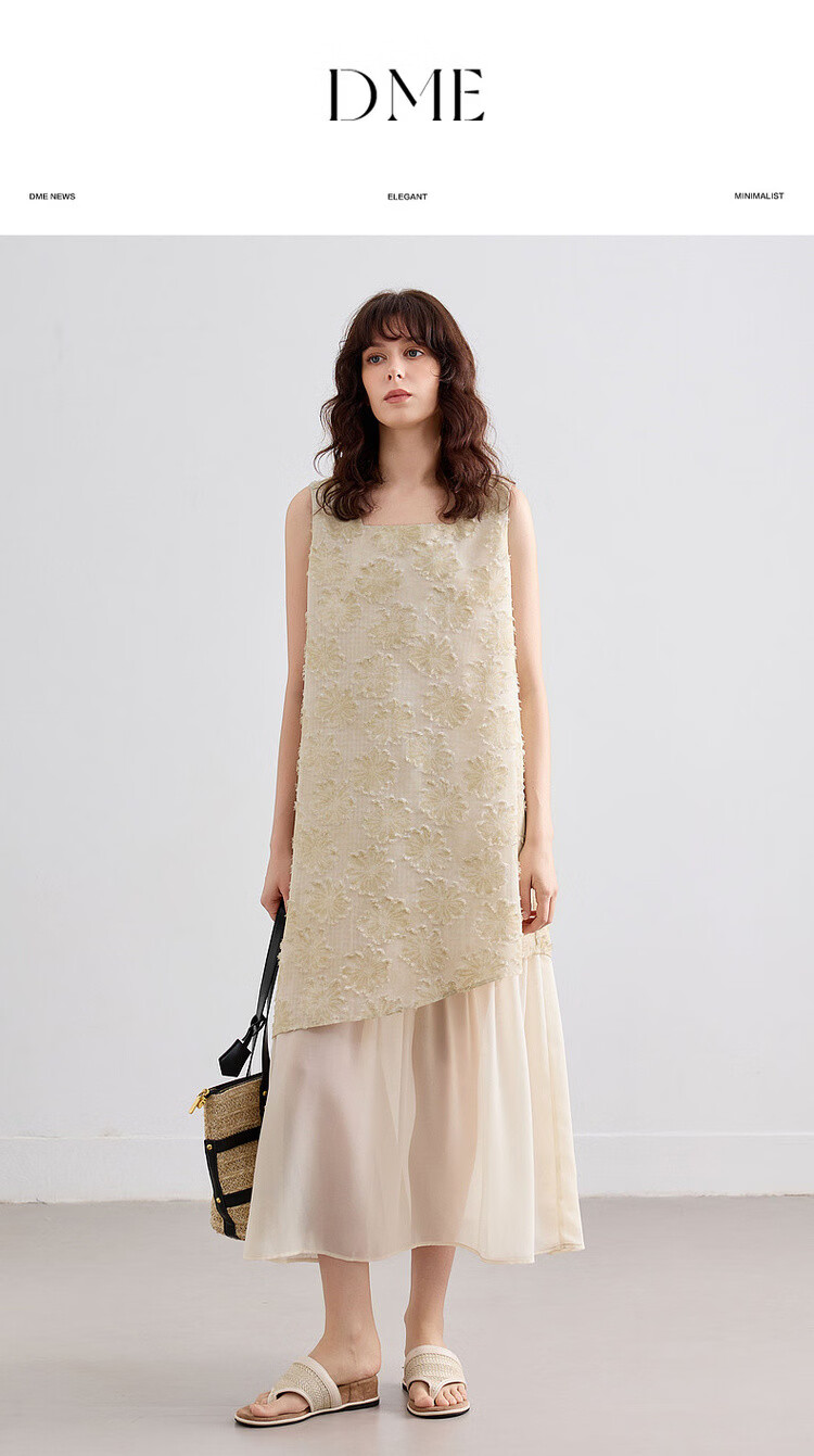 Demana Summer Faux Two-Piece Spliced Chiffon Lightweight Loose Sleeveless A-Line Mid-Length Dress with Cutwork and Print 1