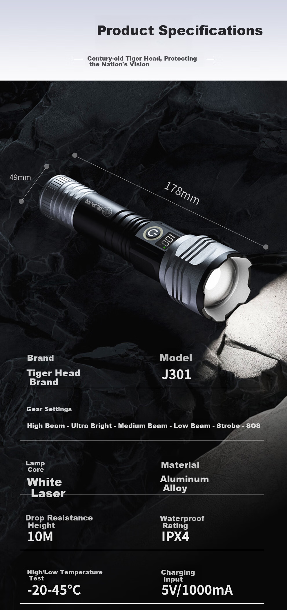 Tiger Head Brand Flashlight High Brightness Zoomable Long Range Super Endurance Outdoor Home Fishing Portable Emergency Light J30 Black 14