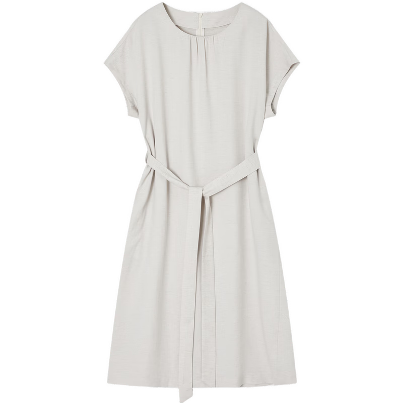Demana Natural Linen Summer Elegant Round Neck Fabric Belt Loose Petite Mid-Length Dress for Women