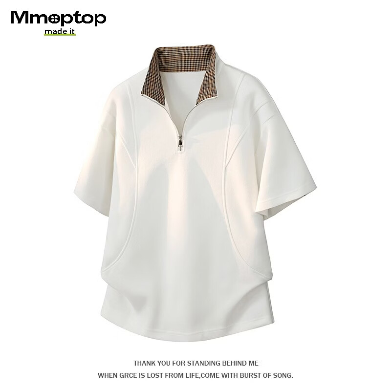 MMOPTOP American Deconstructed Half-Zip Stand Collar Polo Shirt Men's Summer Cotton Raglan Short Sleeve T-Shirt MP24 Black 3XL
