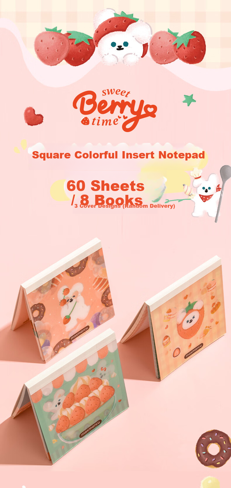M&G Creative Sweet Berry Time Square Sticky Note Pad, Cartoon High-Quality Student Planner Notebook, Portable Mini Journal, 1 Book with Random 60 Sheets BQ0112 4