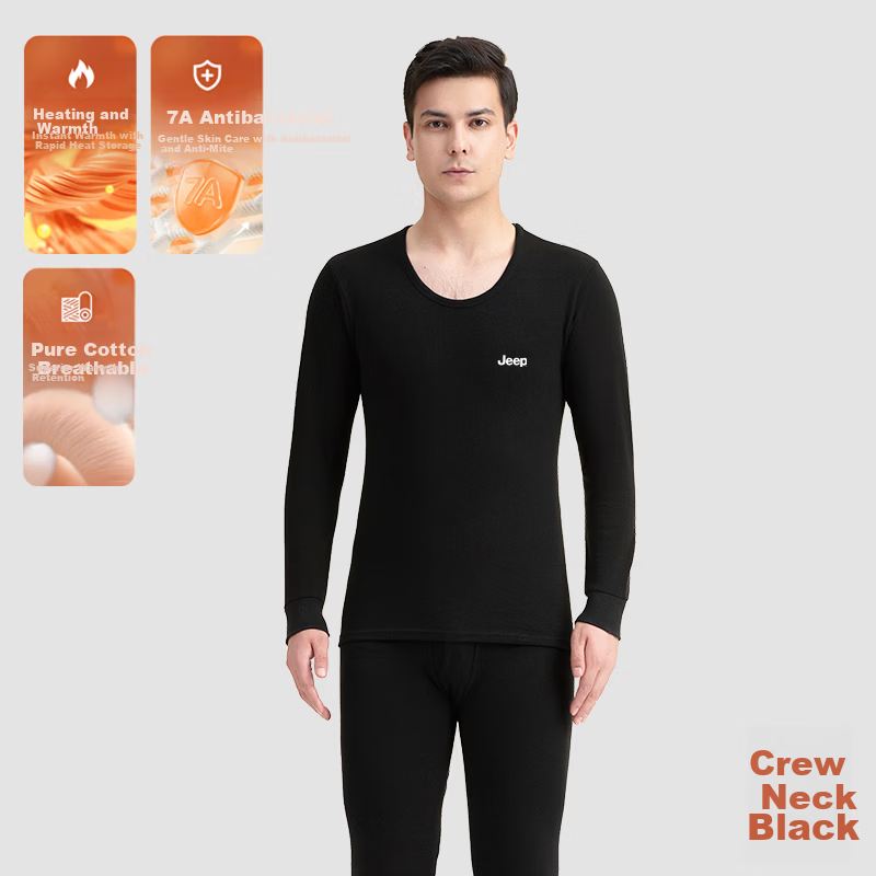 JEEP Men's Thermal Underwear Set [Pure Cotton + 7A Antibacterial] Autumn Long Johns Cold-Resistant Antibacterial Mite-Resistant Lightweight Set