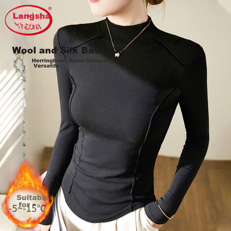 LangSha Women's Semi-Turtleneck Wool and Silk Thermal Slim Fit Herringbone Autumn Winter Base Layer Shirt