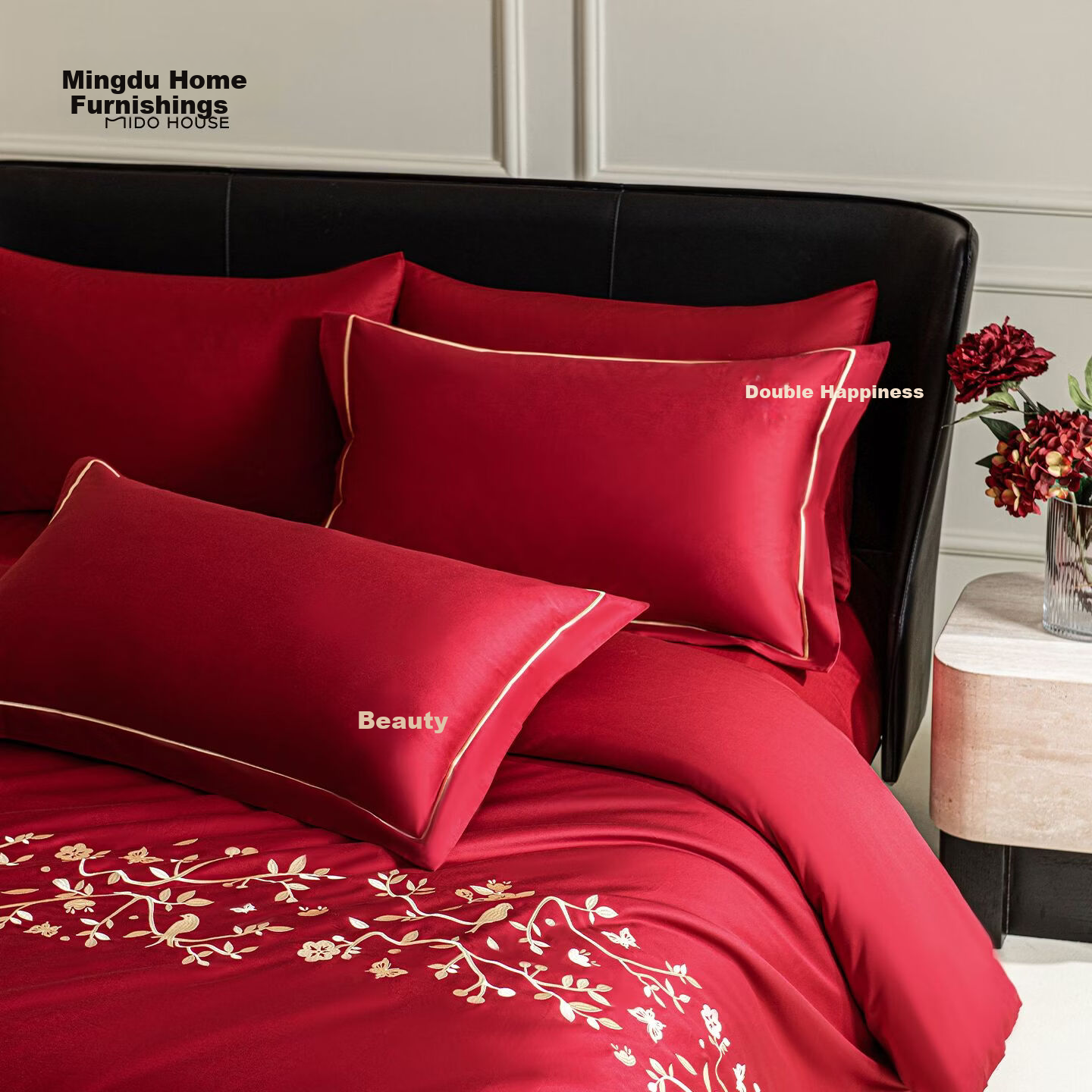 MIDO HOUSE Mingdu Pure Cotton Wedding 4-Piece Set Red Bridal Bedding Sheet Duvet Cover 200x230 Blue Wedding Double Happiness