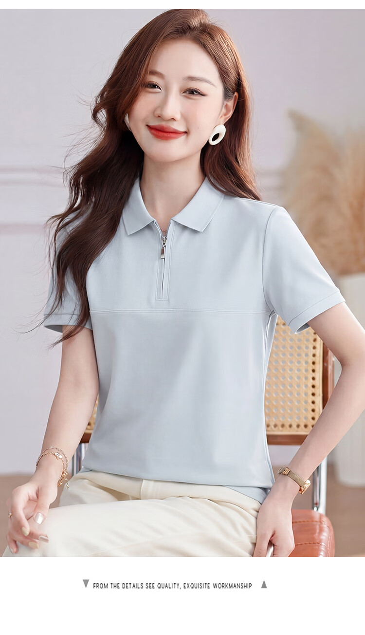 TUCANO Women's Short Sleeve Solid Color Antibacterial Half-Zip Polo Shirt Fashionable Versatile Top White XL 14