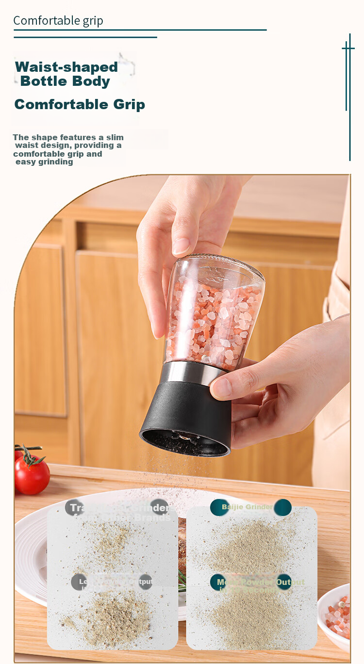 Baijie Sea Salt Grinder Manual Pepper Mill Black Pepper Sichuan Pepper Seasoning Bottle Ceramic Grinding Core 150ml 6