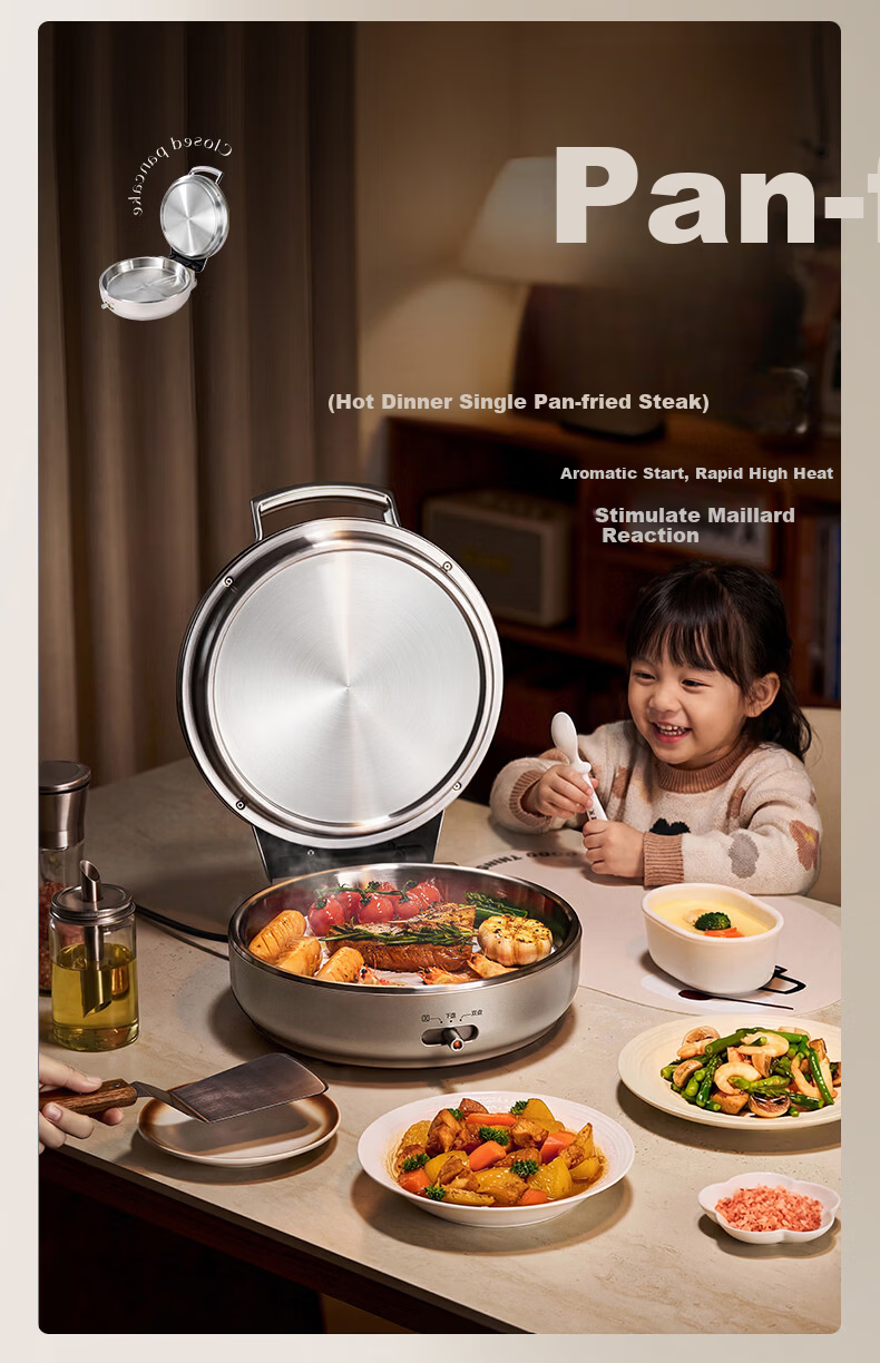Midea Electric Griddle, Small Steel Cannon 0 Coating 316L Stainless Steel Pancake Maker, Home Use 40mm Extra Deep Double-Sided Heating, Crepe Pan, Grill Pan, Pancake Cooker, Breakfast Machine, Electric Frying Pan S1 14