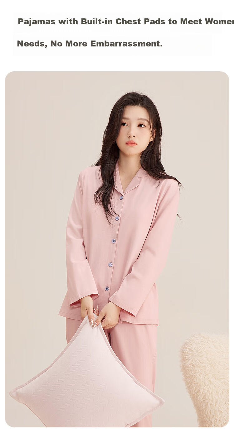 Hodo Home Pure Cotton Class A Women's Autumn Pajamas with Chest Pad 7A Antibacterial Solid Color Homewear Bra-Free Style 6