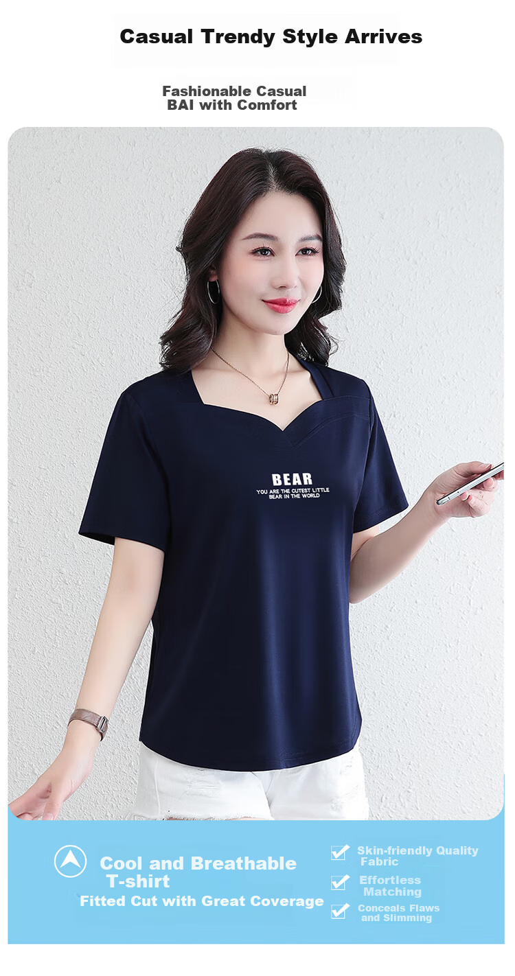 Woodpecker Ice Silk Short Sleeve T-Shirt Women Summer New Middle-Aged Thin Slim Casual Half Sleeve Top Royal Blue 3XL 2