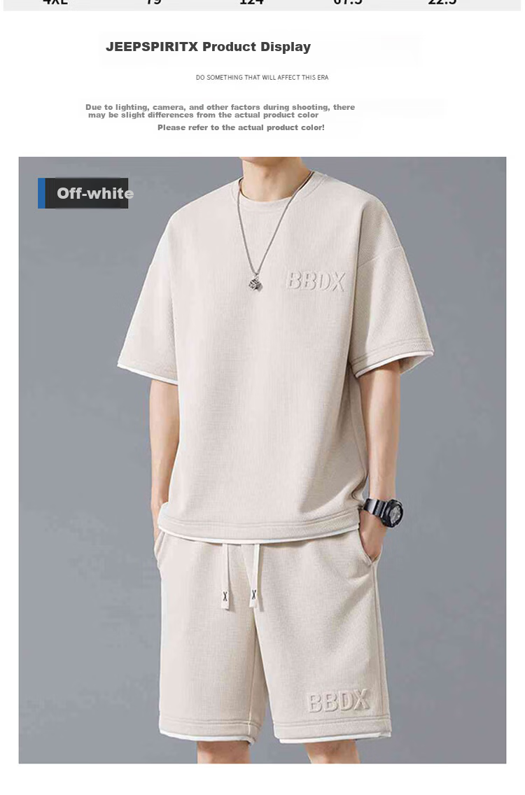 JEEP SPIRIT Men's Summer Waffle Short Sleeve T-Shirt and Shorts Set Casual Sports Two-Piece Suit Off-White L 4