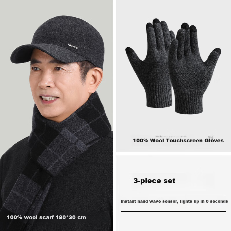Hengyuanxiang Men's Thickened Warm Wool Flat Cap Autumn Winter Hat Gift Box Set for Dad Grandpa